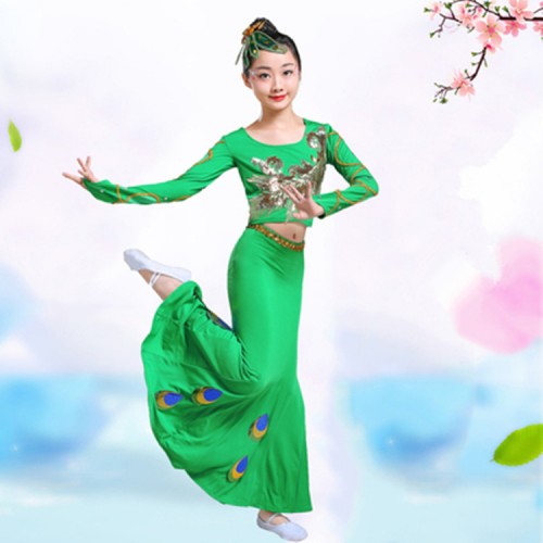 Children's Belly Dance Costumes chinese folk Dai Dance Costumes Peacock Dance Dress Girls Children's Art Test Fishtail cosplay Skirts 